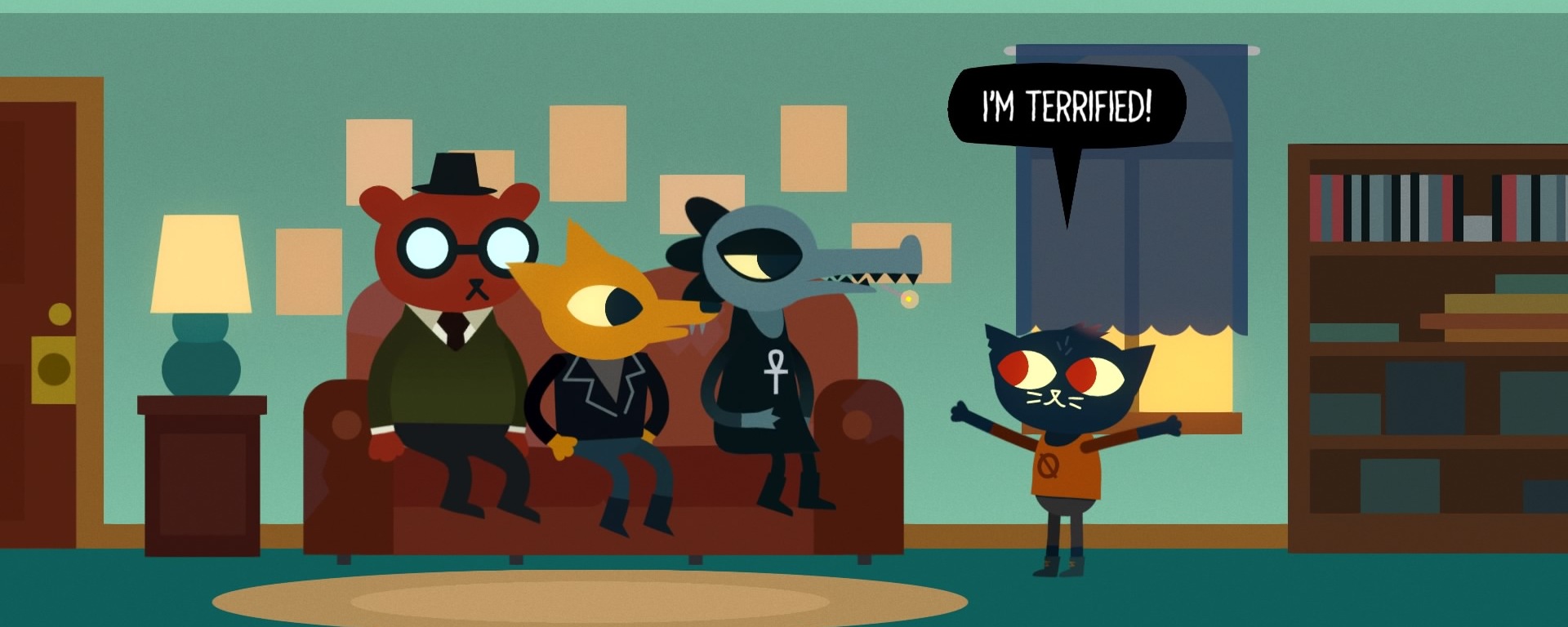 image from night in the woods video game where angus, gregg, and bea are sitting on the couch and mae is standing next to them saying "im terrified"