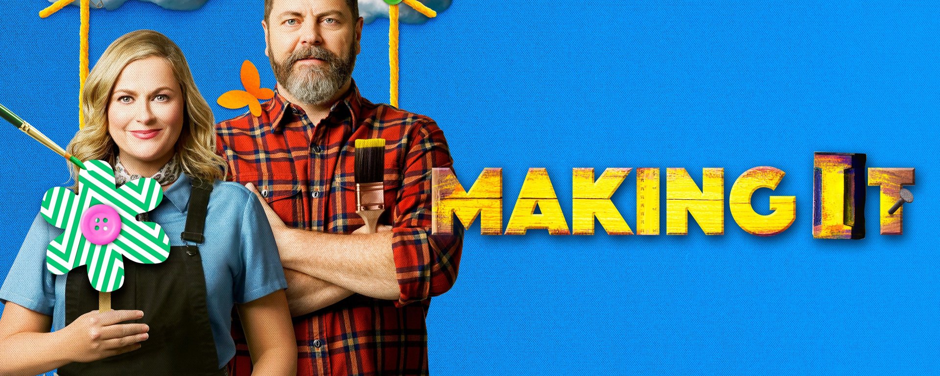 nick offerman and amy poehler on a blue background with yellow font spelling out "making it"