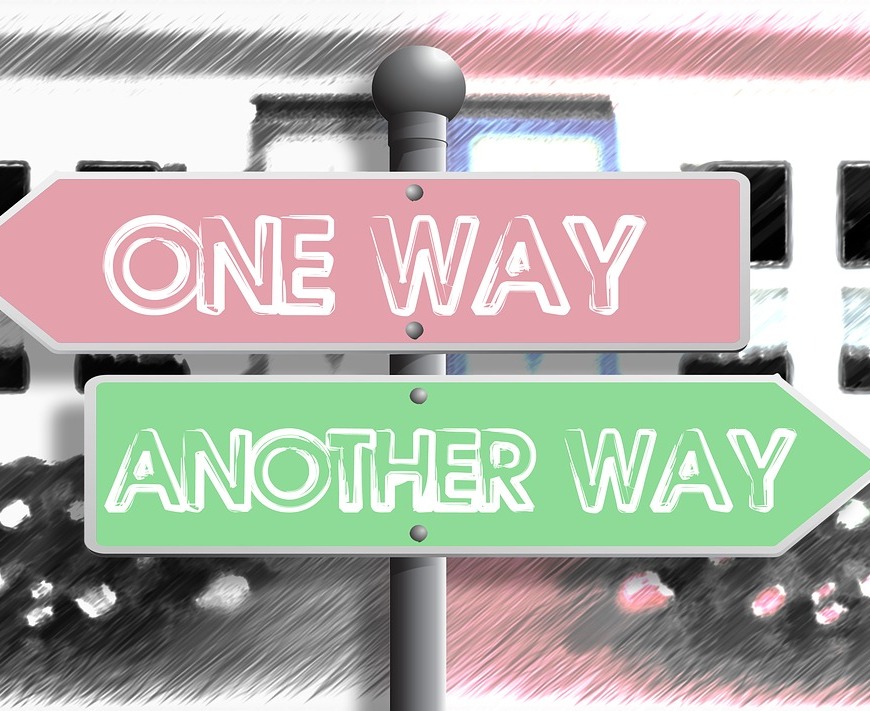 sketch of a sign in front of two windows with a sign pointing left that reads "one way" and a sign pointing right that reads "another way"